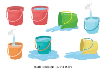 Bucket vector set in flat cartoon style. Set of plastic buckets with water, spilled buckets, leaking buckets, and filling water scenes. Household and cleaning supplies illustration isolated on white background.