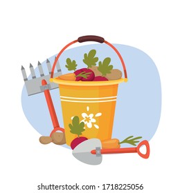cuchara con verduras y herramientas de huerta ilustraciones vectoriales