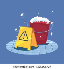 bucket warning board bubbles cleaning products and supplies vector illustration