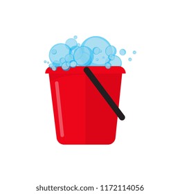 A bucket of water, foam and bubbles. Cleaning house concept.Vector illustration.
