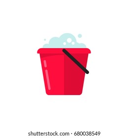 Bucket of water icon vector isolated, flat cartoon pail or bucketful with foam and bubbles