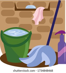 A bucket of water, a mop and a rag for housework. Modern illustration of home life.