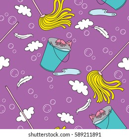 A bucket of water, rubber gloves, a MOP for cleaning floors, foam, soap bubbles on a purple background