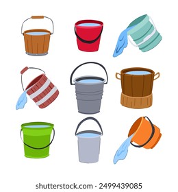 bucket water set cartoon. plastic container, blue metal, clean full bucket water sign. isolated symbol vector illustration