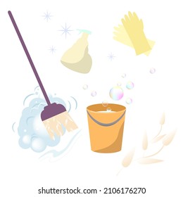 Eimer mit Wasser- und Seifenblasen, Mop, fegender Staub, Gummihandschuhe, Reiniger. Vektorgrafik.