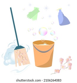Bucket with water and soap bubbles, mop, sweeping dust, rubber gloves, cleaner. Vector illustration.