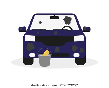 A bucket with water and a sponge stands near a dirty car on a white background