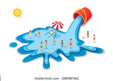 Bucket and water for summer. Vacation concept with people on blue sea background. Design paper art style.