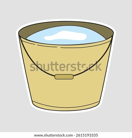 Bucket with Water Vector Illustration Sticker. Cute cartoon bucket filled with water in flat vector style. Ideal for cleaning, household themes, or educational materials