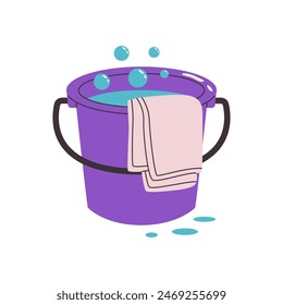 Bucket of water with washing rag. Clean home equipment. Full pail with damp cloth for house cleanup. Housework accessories, housekeeping supplies. Flat vector illustration isolated on white.