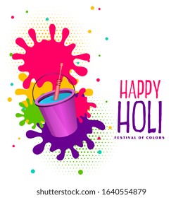 bucket of watercolor and splashes happy holi background