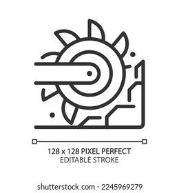 Icono lineal perfecto de la excavadora de píxeles de la rueda del cubo. Máquina de gran tamaño para equipos pesados. Industria de la minería del carbón. Vehículo de motor. Ilustración de línea delgada. Símbolo de contorno. Dibujo del contorno del vector. Trazo editable