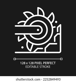 Bucket wheel excavator pixel perfect white linear icon for dark theme. Large heavy equipment machine. Motor vehicle. Thin line illustration. Isolated symbol for night mode. Editable stroke