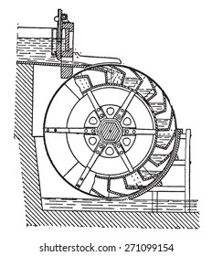 Bucket wheel, vintage engraved illustration. Industrial encyclopedia E.-O. Lami - 1875. 