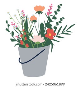 bucket with wildflowers flat style vector illustration isolated on white background