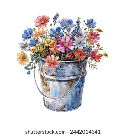 bucket of wildflowers vector illustration in watercolour style