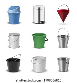 Buckets assortment, household plastic and metal packaging realistic set. Round container, swing-top rubbish bin, pail, stainless steel pedal kitchen trash can, conical fire bucket. Vector collection.