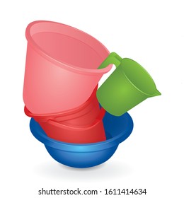 Buckets, basin and ladle top view collection isolated on white background. Water containers vector illustration. Hand washing equipment concept. Part of set. 
