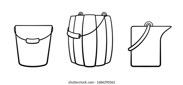 Buckets in black lines set. For cleaning, bathhouse and gardening. Plastic, wooden and metal. White background, vector.