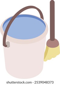 Cubos Burbujas con concepto isométrico de escoba, cubo lleno de diseño de icono de Vector de espuma jabonosa, símbolo de limpieza, letrero de limpieza del hogar, limpieza e ilustración de stock de saneamiento