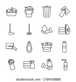 buckets and cleaning products icon set over white background, line style, vector illustration