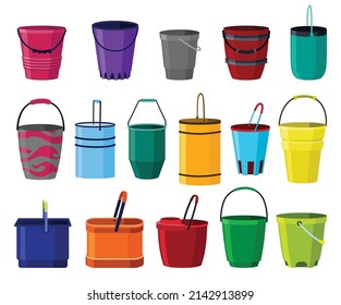 Buckets collection. Bail vector cartoon icons or pails with handle. Plastic household buckets. Cleaning containers