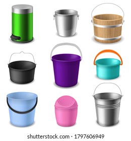 Buckets collection. Color empty round plastic, wooden or metal bucketful with handle different types for liquids or garbage, garden or household containers realistic vector isolated set