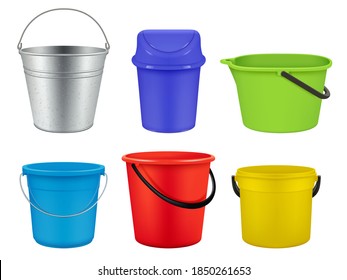 Buckets collection. Empty plastic or metal containers for liquids water or garbage vector realistic buckets