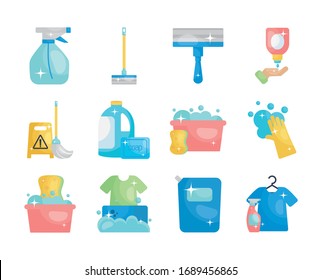 buckets and disinfection and cleaning elements icon set over white background, flat style, vector illustration