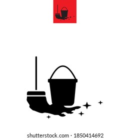 buckets and floor mop icons in solid black color, vector illustrations