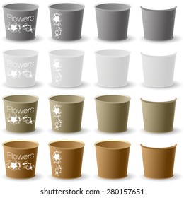 Buckets with flowers and text.