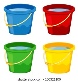 Buckets in four colours on white