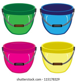 Buckets in four colours on white