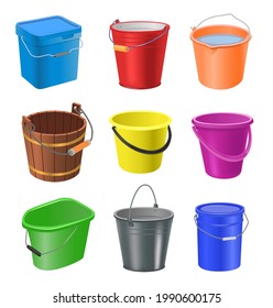 Buckets illustration set in cartoon style. Plastic, wooden and metal pails for water and sand. Vector set of household tools on isolated white background. Can be used for advertisement, banner designs