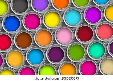 Buckets or metal cans with multi colored paint. Vector background