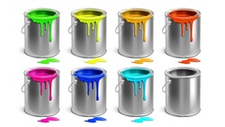 Buckets Multicolored Paint And Empty Set Vector. Blank Aluminum Containers With Different Color Paint For Making Renovation Or Drawing Picture. Painter Diy Template Realistic 3d Illustrations