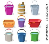 Buckets and pails. Steel and plastic bucket set for gardening, pail for kids, metal container for water and handles trash bin vector illustration