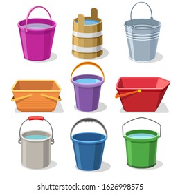 Buckets and pails. Steel and plastic bucket set for gardening, pail for kids, metal container for water and handles trash bin vector illustration