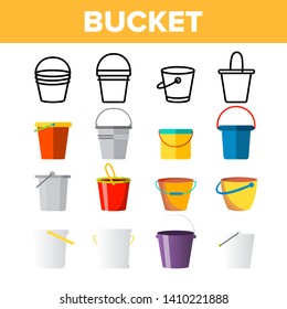 Buckets, Pails Vector Thin Line Icons Set. Buckets, Plastic, Metal Containers for Farming, Housework Tools, Equipment Linear Pictograms. Kids Toy for Sand Games on Beach Color Symbols Collection