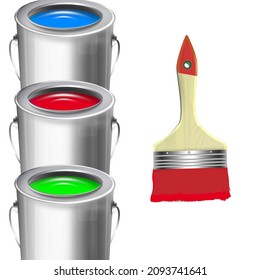 buckets with paint and a brush. 3D Vector illustration