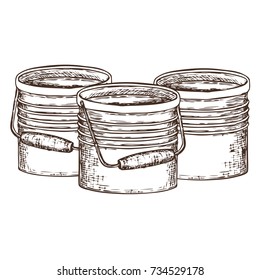Buckets of paint on white background, sketch illustration of repair tool. Vector