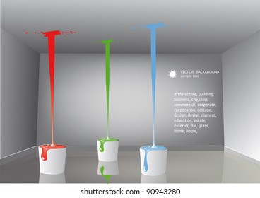 Buckets with a paint in the room,