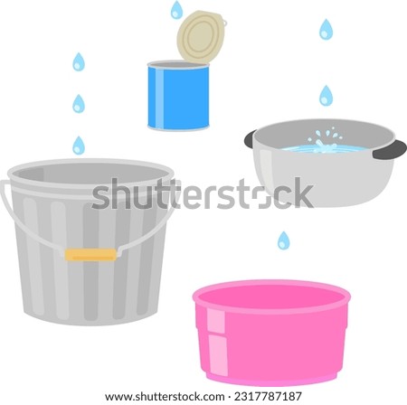 Buckets and pots that receive falling water droplets