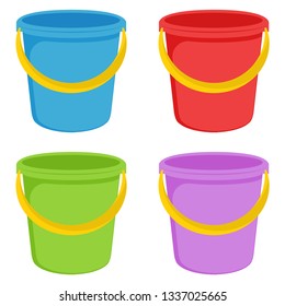 Buckets. Red, blue, green and purple plastic buckets with a yellow handle. Isolated white background. Household chores pails. Vector illustration. EPS 10.