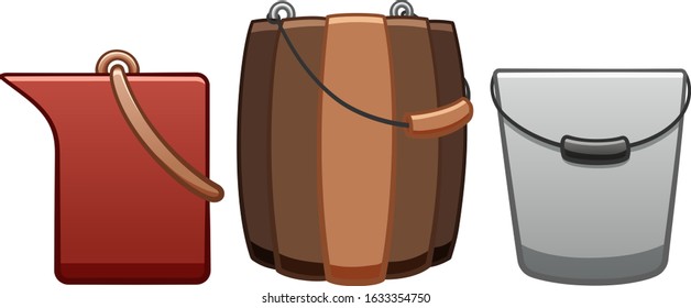 Buckets set. For cleaning, bathhouse and gardening. Plastic red, wooden and metal. White background, vector.