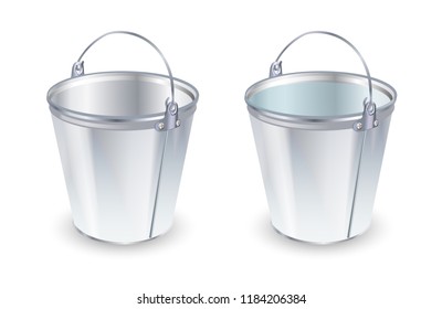 Buckets set. Flat vector illustration. Bucket empty and with water. Vector ilustration