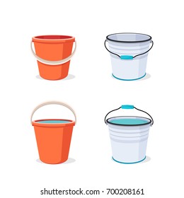 Buckets set. Flat vector illustration. Bucket empty and with water.