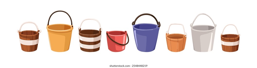 Buckets set. Metal, wooden and plastic containers with handles for household, gardening. Empty modern and old pails, domestic mop tools. Flat vector illustration isolated on white background