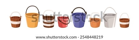 Buckets set. Metal, wooden and plastic containers with handles for household, gardening. Empty modern and old pails, domestic mop tools. Flat vector illustration isolated on white background