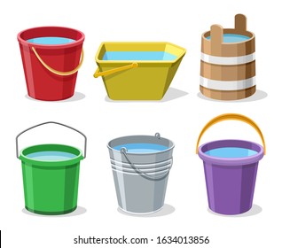 Buckets with water. Pailful set isolated on white background, garden bucket filled water set vector illustration